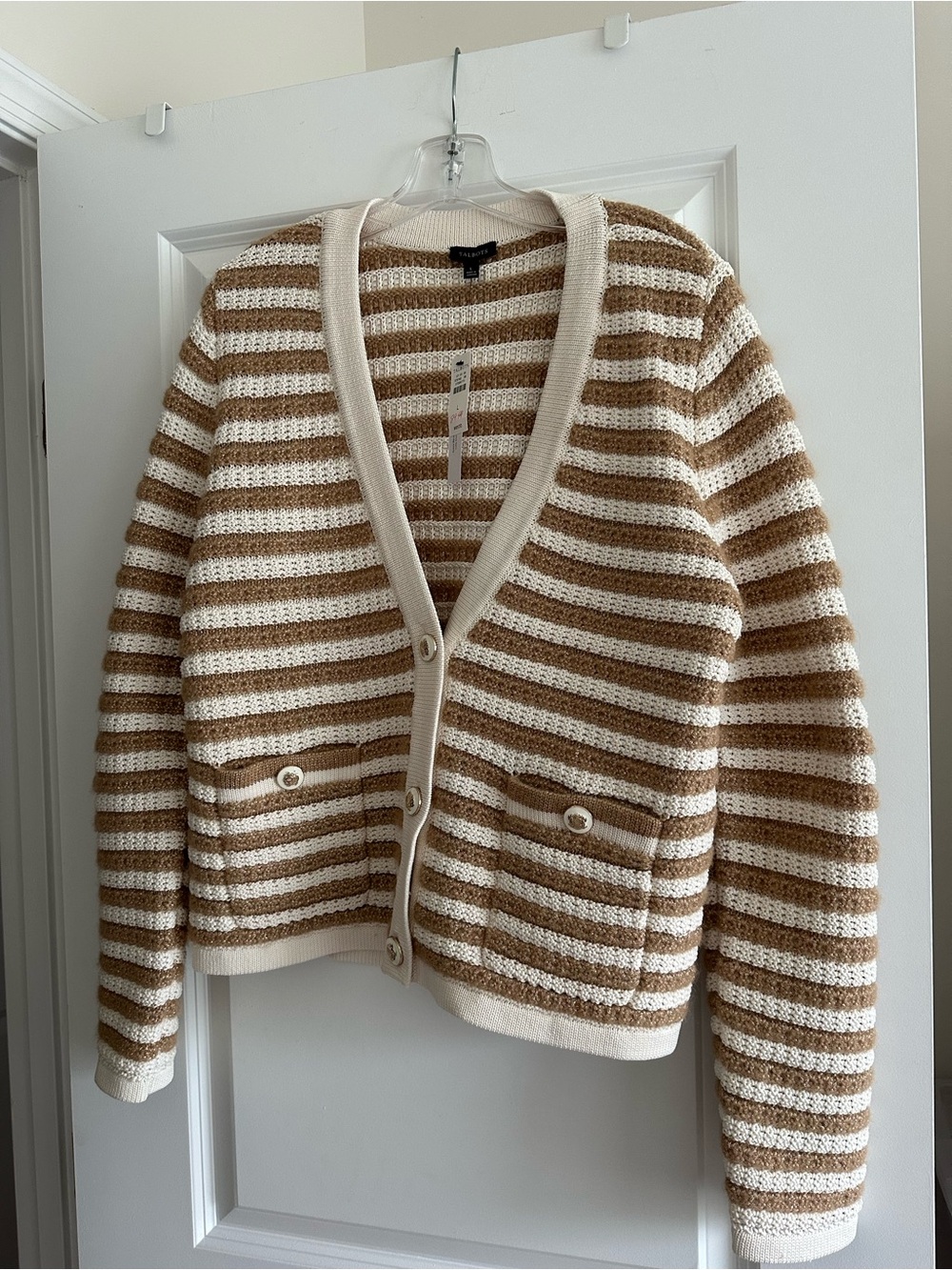Talbots Cream and Tan Striped Button Cardigan